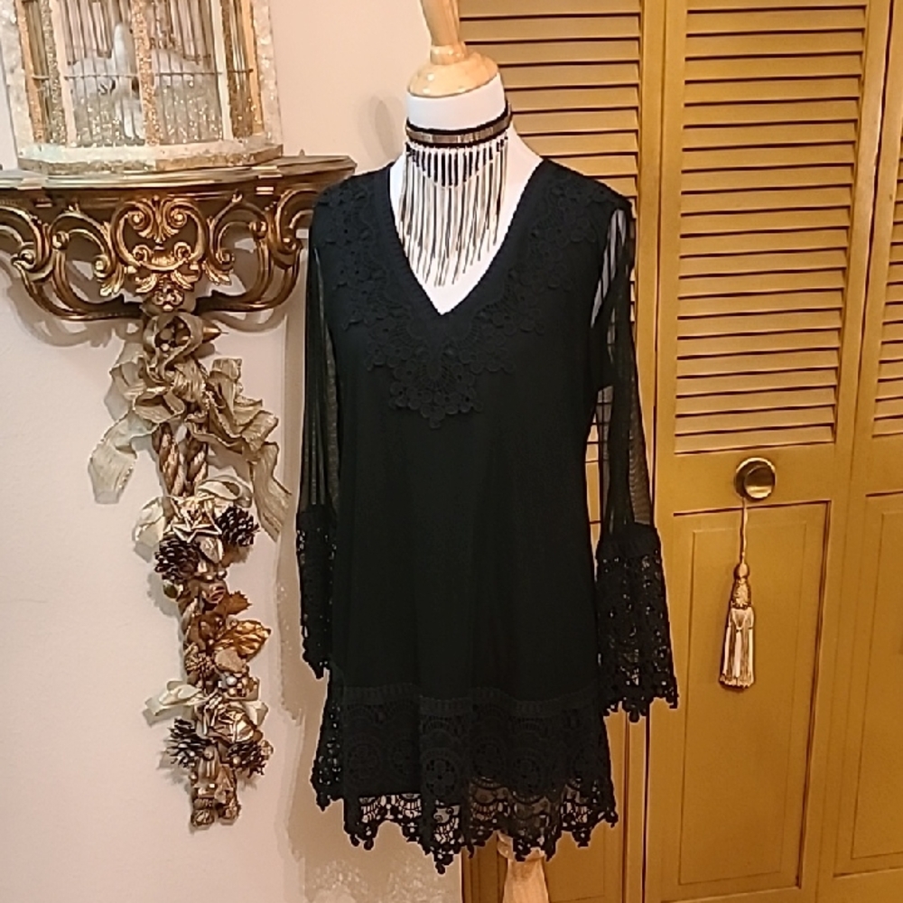 Alfani Elegant Black Lace With Sheer Overlay Tunic Top Size: S